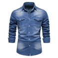 thumbnail image 1 of hlysgo Mens Denim Shirts Long Sleeve Button up Jean Shirt with Pocket Slim Fit Distressed Solid Color Denim Shirts Men's Fashion Clothes Blue S, 1 of 2