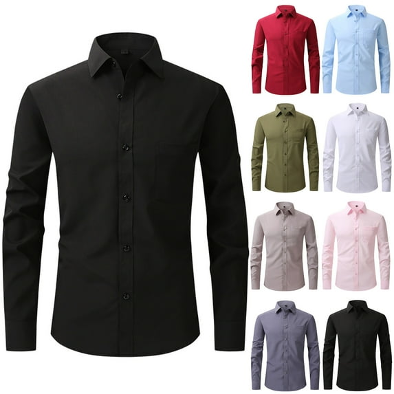 hlysgo Mens Dress Shirts Slim Fit Long Sleeve Button Down Wrinkle-free Formal Shirt for Wedding Party Business Casual Solid Color Collar Shirts Black XXL