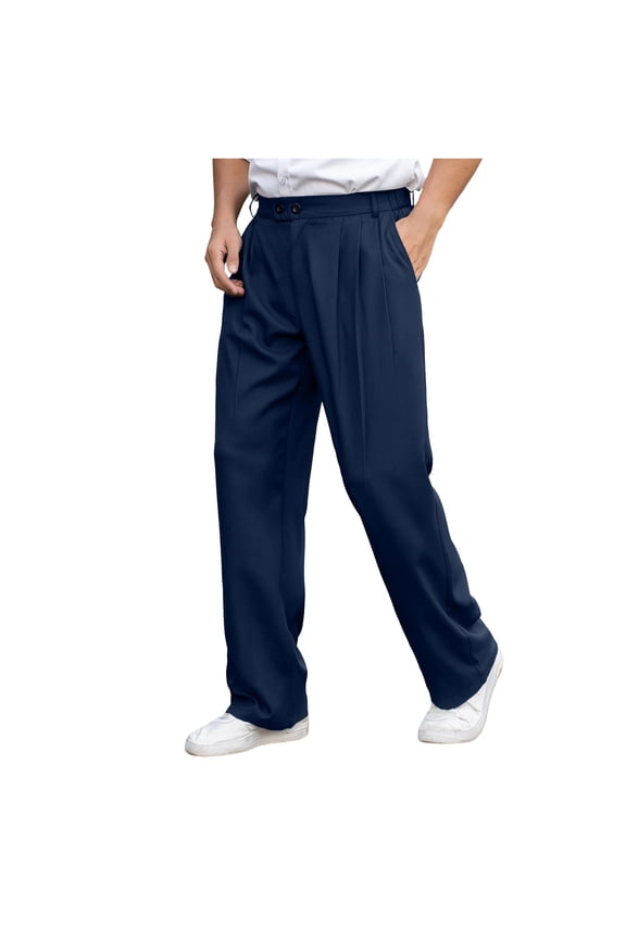Mens Dress Slacks with Flex Waistband Pleated Straight Leg Suit Pants Regular Fit Business Casual Work Dress Pant Comfy Office Suit Trousers Navy L