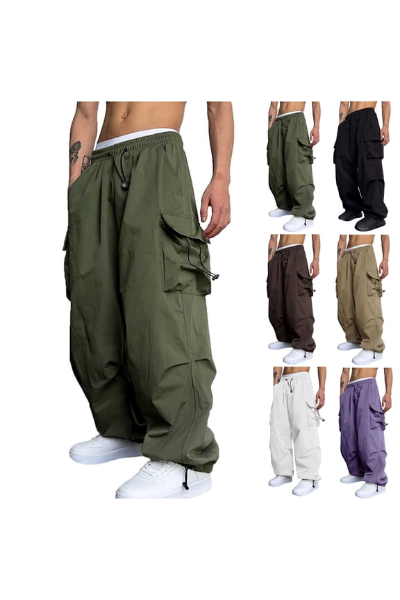 Mens Fashion Baggy Pants Cargo Wide Straight Leg Drawstring Waist Pant Y2K Streetwear Trousers with Pockets Black,S