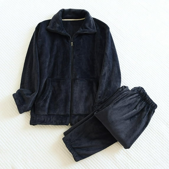 hlysgo Mens Flannel Pajama Sets 2pc Soft Zip up Long Sleeve Tops and Bottoms Cozy Loungewear Comfy Winter Warm Matching Pjs Set Navy L