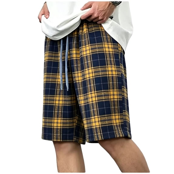 hlysgo Mens Flannel Pajama Shorts Soft Cotton Plaid Shorts with Pockets Drawstrings Sleep Lounge Short Yellow,XL