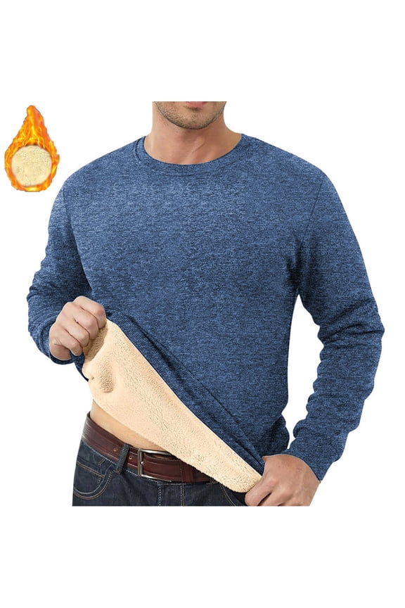 Mens Fleece Lined Long Sleeve Shirts Fit Solid Color Crewneck Sweatshirts Warm Winter Pullover Tops Thermal Going Out Basic Tees Navy M