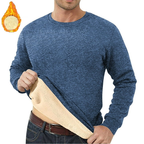 hlysgo Mens Fleece Lined Long Sleeve Shirts Fit Solid Color Crewneck Sweatshirts Warm Winter Pullover Tops Thermal Going Out Basic Tees Navy XL