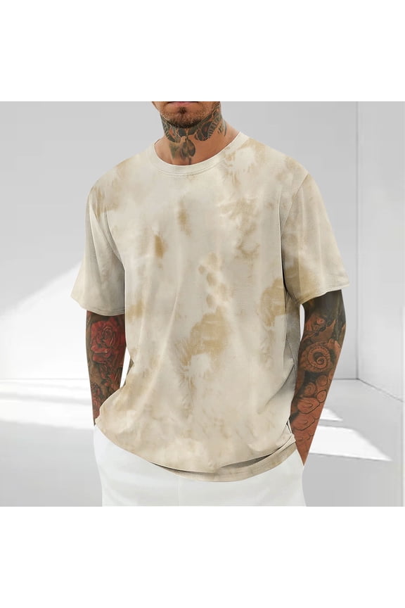 Mens Graphic T Shirts Trendy Tie Dye Printed Short Sleeve Shirt Big and Tall Mens Shirts Crewneck Tees Loose Comfy Casual Summer Tops Khaki,XXXL