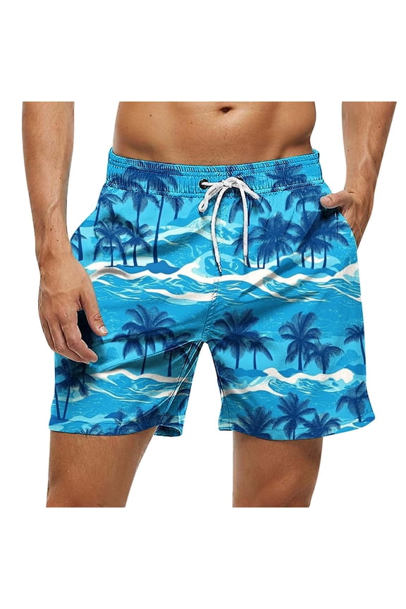 Mens Hawaiian Swim Shorts Trendy Palm Tree Printed Board Shorts no Liner Summer Travel Swim Trunks Quick Dry Bathing Suits Blue L