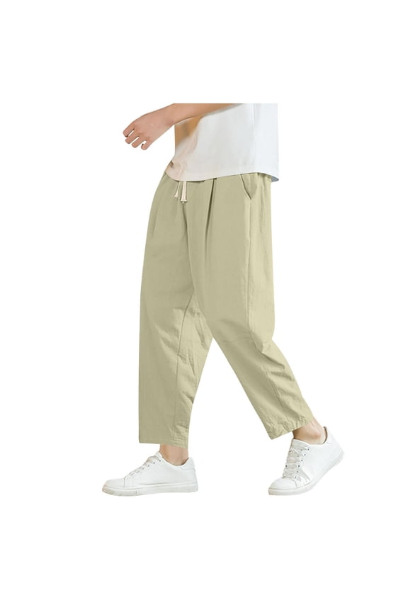 Mens Linen Capri Pants Light Loose Elastic Waist Drawstring Pant Harem Casual Beach Yoga Trousers with Pockets Beige,4xL