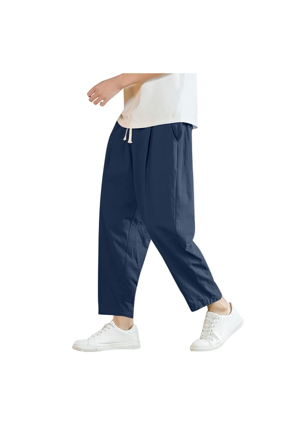 Mens Linen Capri Pants Light Loose Elastic Waist Drawstring Pant Harem Casual Beach Yoga Trousers with Pockets Navy,M