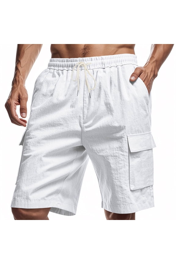 Mens Linen Cargo Shorts with Mulit Pockets Casual Summer Beach Shorts 9 Inch Elastic Waist Drawstring Bermuda Short White,Size XL