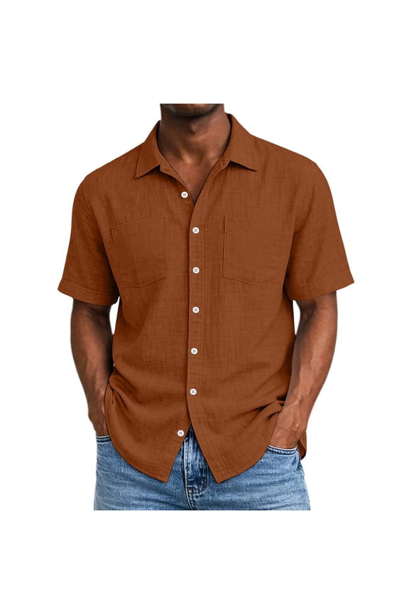 Mens Linen Shirt Short Sleeve Wrinkle Free Casual Untucked Button Down Shirts Summer Beach Breathable Tops with Pockets Orange,S