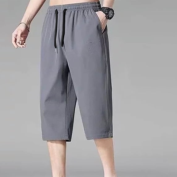 hlysgo Mens Long Short Pant Elastic Drawstring Waist Wide Leg Pant Summer Beach Trousers with Pockets Dark Gray,2xL