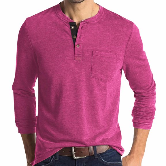 hlysgo Mens Long Sleeve Henley Shirts Casual Solid Color Basic Tees Classic Pullover Tops with Pockets Men'e Fall Winter Going Out Clothes Hot Pink XXXL