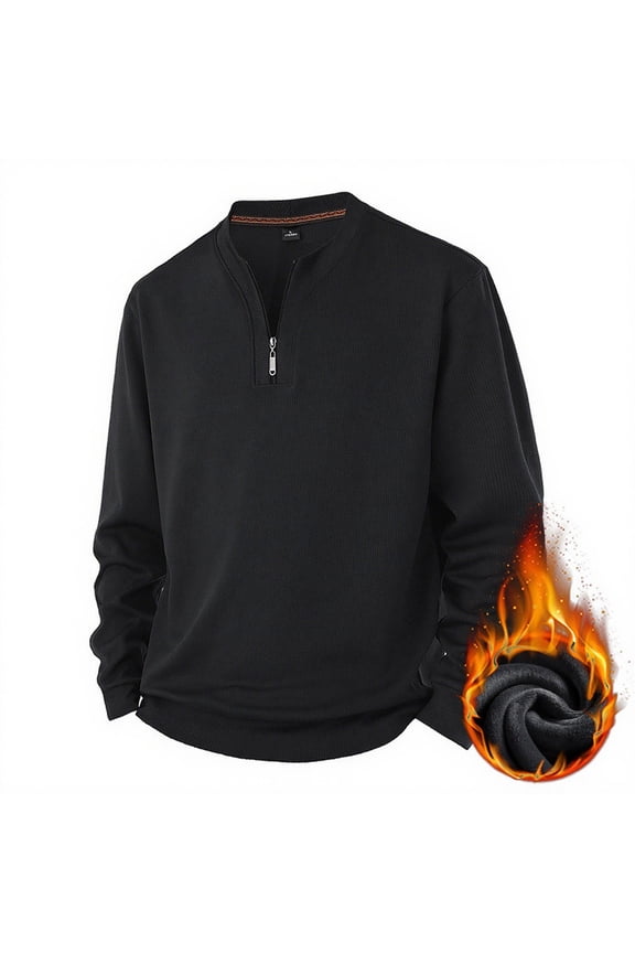 Mens Long Sleeve Zipper Shirts Warm Solid Color Big and Tall Basic Tees Classic Quarter Zip Pullover Shirt Fall Winter Men's Clothes Black XXXXL