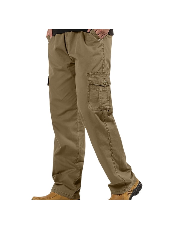Mens Loose Cargo Pants Wide Straight Leg Elastic Waist Trousers Hiking Workout Pant with Pockets Khaki,2xL
