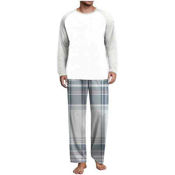 hlysgo Mens Loungewear Sets Cozy Long Sleeve Crew Neck Raglan Shirts and Plaid Sleepwear Bottoms Soft Pajama Set for Men 2 Piece Gray XL