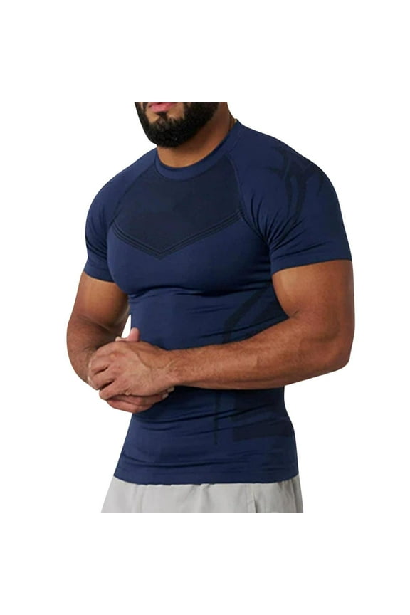 Mens Muscle Shirts Short Sleeve Round Neck T Shirts Stretchy Athletic Workout Tops Gym Tshirts for Men Solid Color Running Basic Tee Navy XL