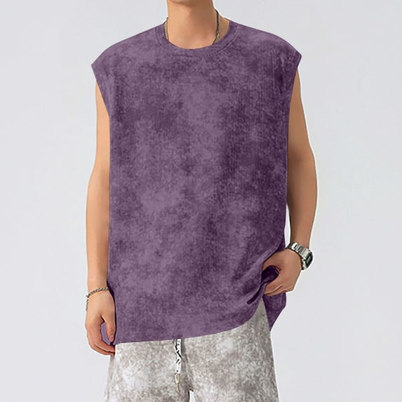 hlysgo Mens Oversized Tank Tops Workout Sleeveless Shirts for Gym Vintage Solid Color Crewneck Tank Tops Streetwear Running Tanks Purple,Size XXXL