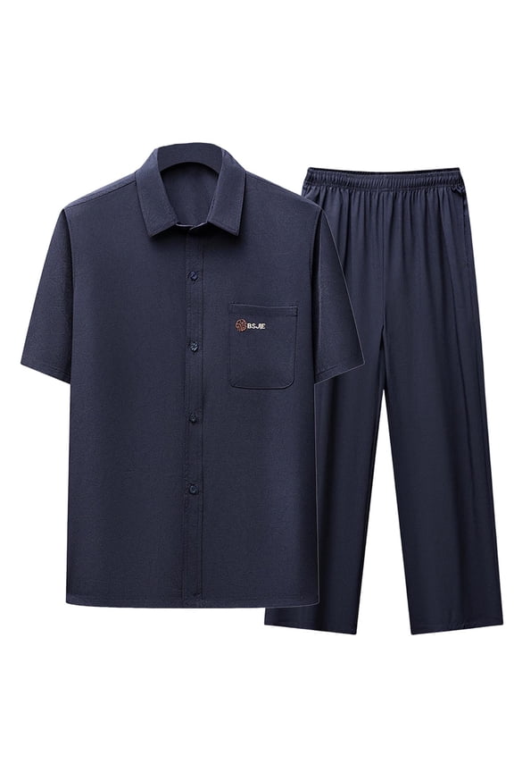 Mens Pants Sets 2 Piece Button Down Short Sleeve Shirts and Pants Outfits Set 2pc Casual Relaxed Fitted Going Out Spring Outfit Navy,M