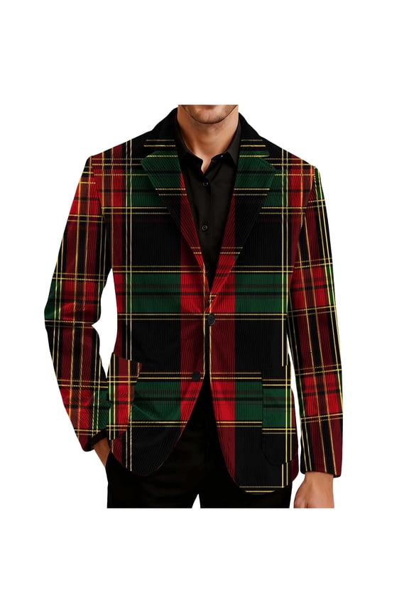 Mens Plaid Christmas Blazers Vintage Xmas Print Single Breasted Corduroy Suit Jacket Slim Fit Holiday Party Xmas Blazer Winter Coats Red XXXL