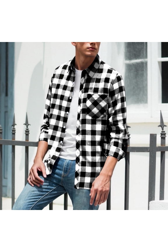 Mens Plaid Shirts Long Sleeve Button up Going Out Flannel Shirt Business Casual Tops Regular Fit Shacket Jackets Plaid Clothes White L
