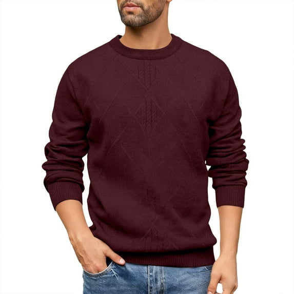 hlysgo Mens Pullover Sweater Regular Fit Solid Color Crewneck Knitted Sweaters Dressy Casual Long Sleeve Going Out Work Knit Sweater Wine M