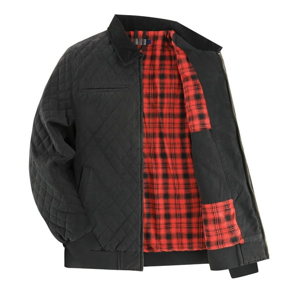 hlysgo Mens Quilted Jackets Winter Warm Plaid Lined Padded Coats with Inner Pockets Heavyweight Business Casual Outdoor Work Jacket Black XL