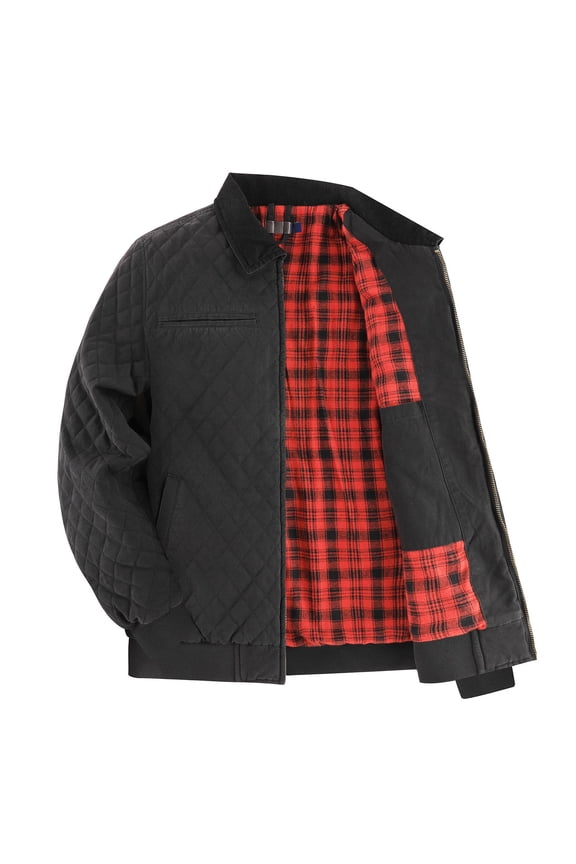 Mens Quilted Jackets Winter Warm Plaid Lined Padded Coats with Inner Pockets Heavyweight Business Casual Outdoor Work Jacket Black XXL