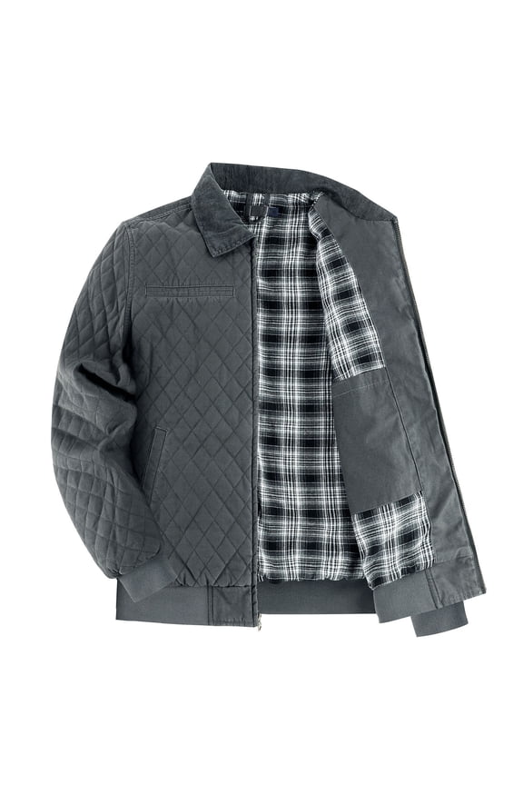 Mens Quilted Jackets Winter Warm Plaid Lined Padded Coats with Inner Pockets Heavyweight Business Casual Outdoor Work Jacket Gray L