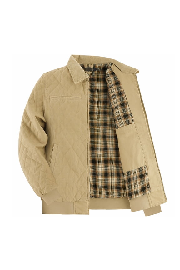 Mens Quilted Jackets Winter Warm Plaid Lined Padded Coats with Inner Pockets Heavyweight Business Casual Outdoor Work Jacket Khaki L