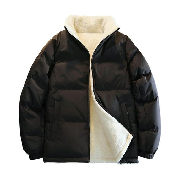 hlysgo Mens Reversible Winter Jackets Warm Sherpa Fleece Zip up Puffy Jacket no Hood Thermal Stand Collar Quilted Puffer Coats Black XL