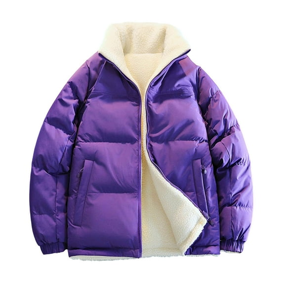 hlysgo Mens Reversible Winter Jackets Warm Sherpa Fleece Zip up Puffy Jacket no Hood Thermal Stand Collar Quilted Puffer Coats Purple XXL