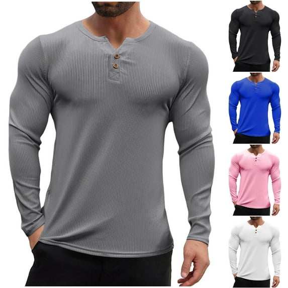 hlysgo Mens Ribbed Long Sleeve Henley Shirts Casual Solid Color Muscle Tops Slim Fit Stretch Big and Tall Workout Athletic T Shirts Dark Gray XXL