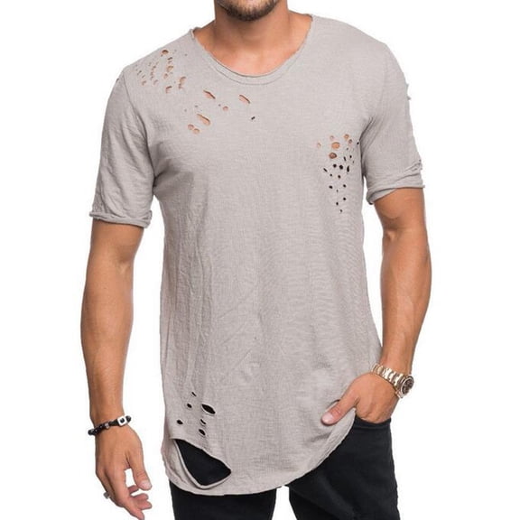 hlysgo Mens Ripped Hole T Shirts Casual Stylish Short Sleeve Solid Color Tees Hip Hop Round Neck T Shirt for Men Streetwear Summer Fashion Clothes Gray M