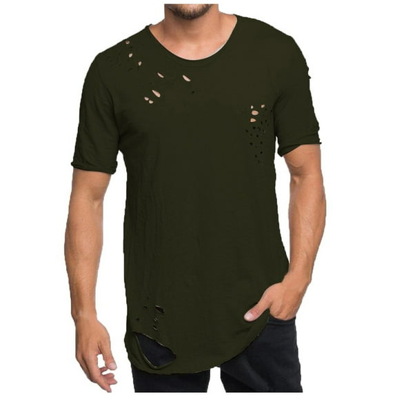 hlysgo Mens Ripped Hole T Shirts Casual Stylish Short Sleeve Solid Color Tees Hip Hop Round Neck T Shirt for Men Streetwear Summer Fashion Clothes Green M