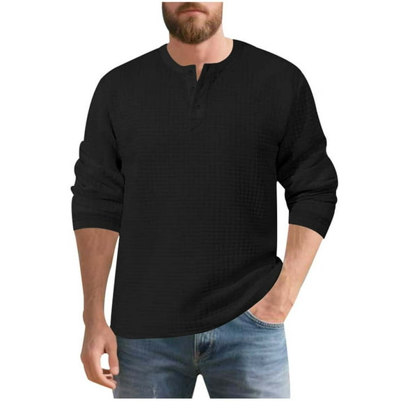 hlysgo Mens Shirts Casual Long Sleeve Waffle Henley Shirt Comfy Button up Solid Color Pullover Warm Fall Winter Going Out Work Clothes Black XL