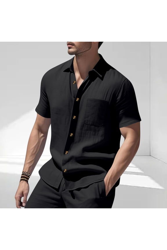 Mens Short Sleeve Dress Shirts with Pocket Button Down Work Shirts for Men Dressy Casual Wedding Party Semi Formal Shirt Summer Tops Black L