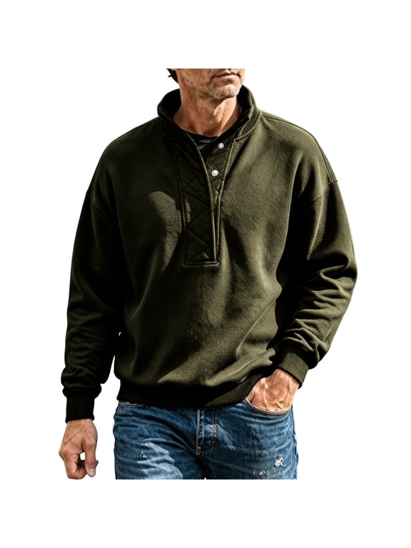 Mens Stand Collar Henley Tops Snap Pullover Quilted Placket Sweatshirt Fleece Fall Winter Work Hiking Daily Casual Blouse Army Green,S