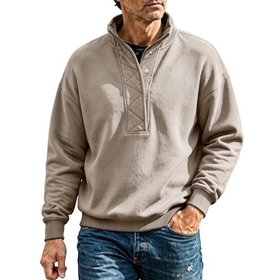 hlysgo Mens Stand Collar Henley Tops Snap Pullover Quilted Placket Sweatshirt Fleece Fall Winter Work Hiking Daily Casual Blouse Beige,S