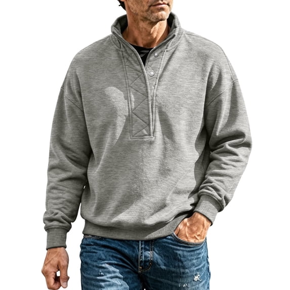 hlysgo Mens Stand Collar Henley Tops Snap Pullover Quilted Placket Sweatshirt Fleece Fall Winter Work Hiking Daily Casual Blouse Gray,2xL