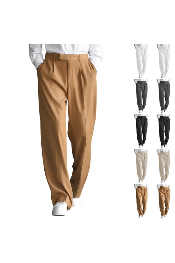 Mens Straight Leg Dress Pants Regular Fit Pleated Solid Color Dress Slacks Business Casual Chino Dress Pant Work Office Suit Trousers Khaki XXL