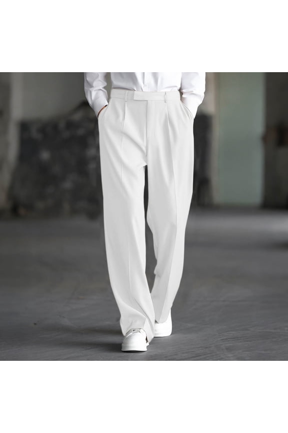 Mens Straight Leg Dress Pants Regular Fit Pleated Solid Color Dress Slacks Business Casual Chino Dress Pant Work Office Suit Trousers White L