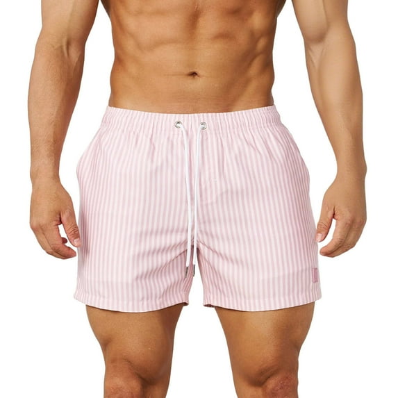 hlysgo Mens Striped Shorts Drawstring Elastic Waistband Summer Casual Beach Shorts with Pockets Pink,Size XXXL