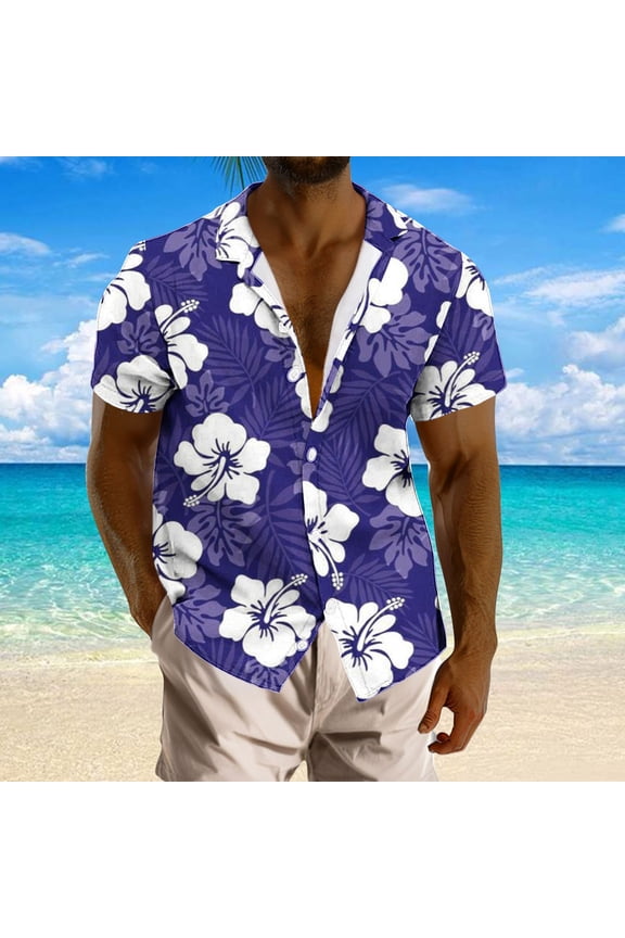 Mens Summer Button Down Shirts Trendy Floral Printed Short Sleeve Hawaiian Shirt Casaul Beach Vacation Tops Hawaiian Tropical Shirt Purple XXXL