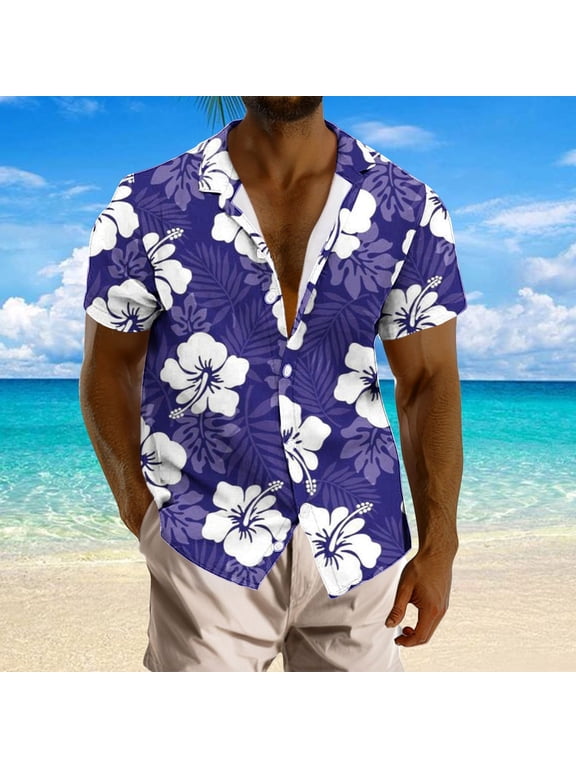 Mens Summer Button Down Shirts Trendy Floral Printed Short Sleeve Hawaiian Shirt Casaul Beach Vacation Tops Hawaiian Tropical Shirt Purple XXXXXL