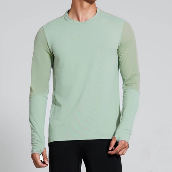 hlysgo Mens Summer Long Sleeve T Shirts with Thumb Holes Casual Color Block Sun Shirts Stretchy Breathable Workout Outdoor UV Protection Clothing Green,L