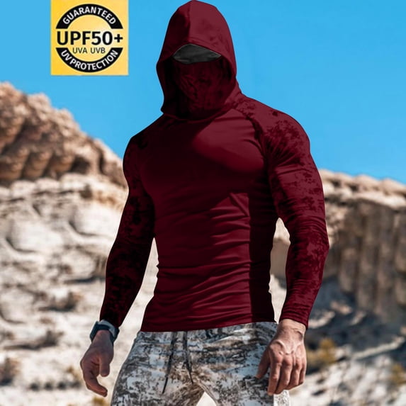 hlysgo Mens Sun Shirts with Hood Summer Long Sleeve UV Protection Shirts with Mask Breathable Athletic Tops Cooling Workout Running Hoodies Red,XL