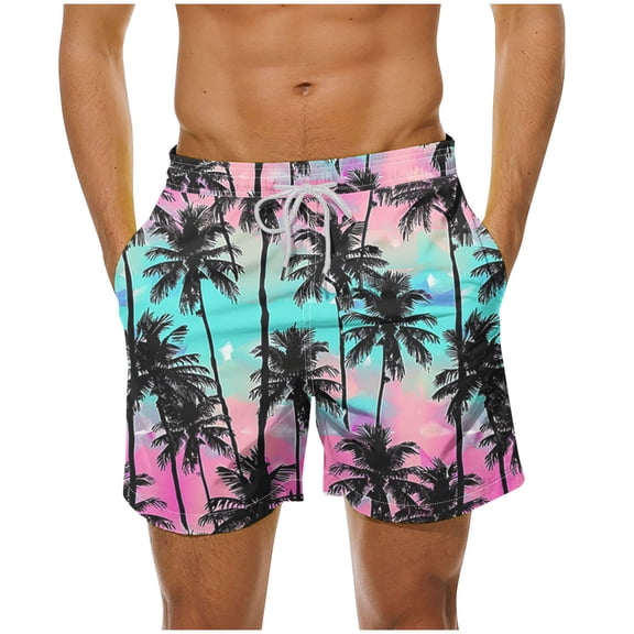 hlysgo Mens Swim Trunks no Liner Trendy Palm Tree Graphic Drawstring Hawaiian Swimsuits Quick Dry Beach Shorts for Men Summer Travel Swim Shorts Purple L
