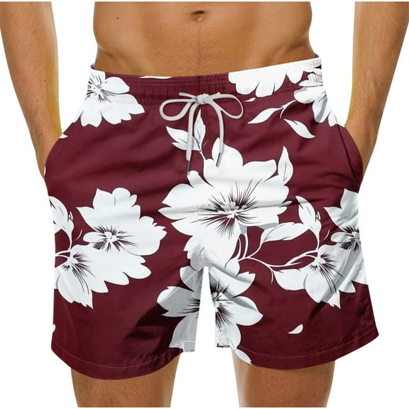 hlysgo Mens Swim Trunks with Pockets Drawstring Floral Graphic Swimming Shorts Quick Dry Bathing Suits Summer Beach Swim Trunk Red L