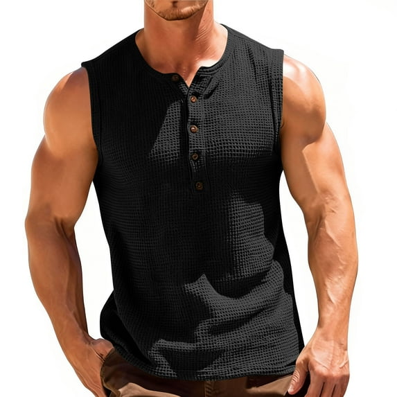 hlysgo Mens Tank Tops Comfy Sleeveless Waffle Shirts Casual Solid Color 5 Button Henley Neck Tank Tops for Workout Summer Beach Clothes Black,Size M