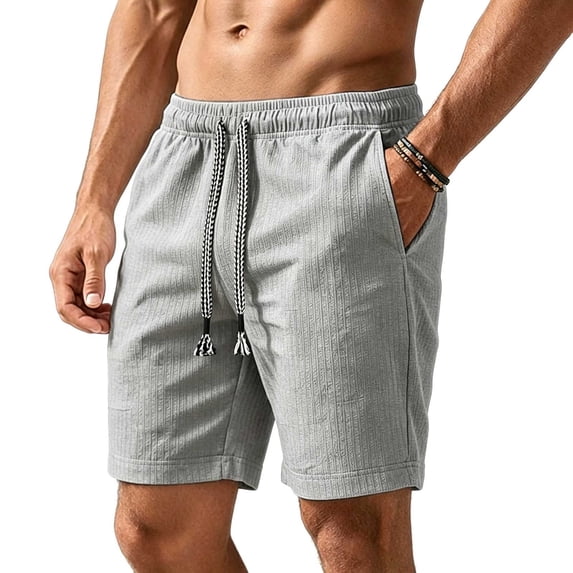 hlysgo Mens Texture Elastic Waist Shorts Big and Tall Drawstring Lightweight Short Casual Summer Beach Shorts with Pockets Gray,XL